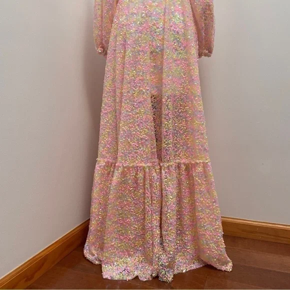 Selkie- Rainbow Sequin Princess Gown Size XS 3/4 Sleeve Sweetheart Maxi Dress - Picture 14 of 16